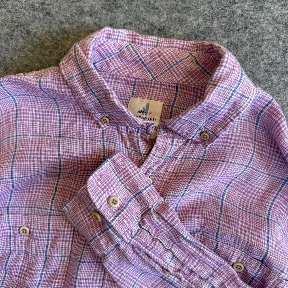 Johnnie-O Hangin' Out Shirt Mens Medium Pink Plaid Linen Button Down Long Sleeve